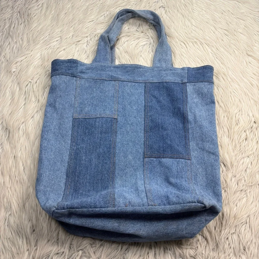 Canary Upcycle Denim Patch Work Denim Tote Recycled Material Pins Retro